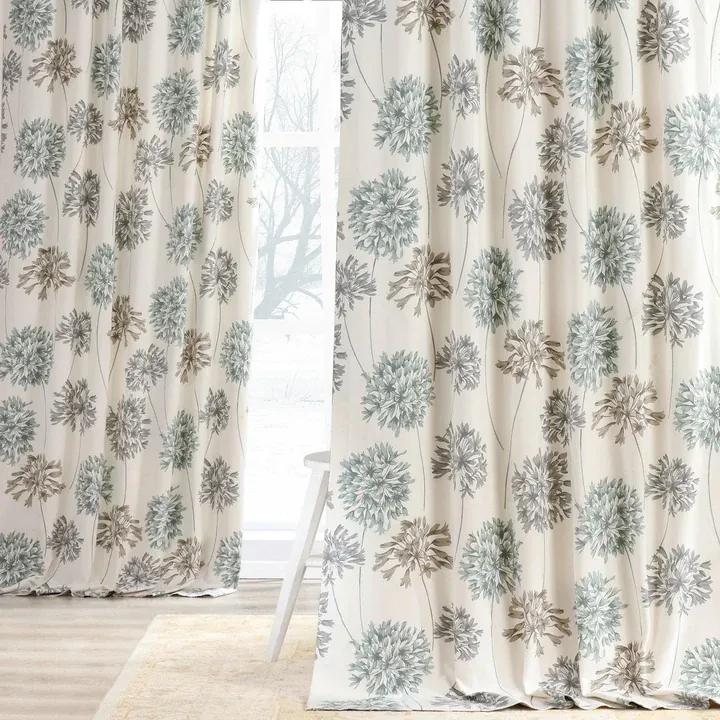 Allium Blue Grey Floral Printed Cotton Room Darkening Curtain
