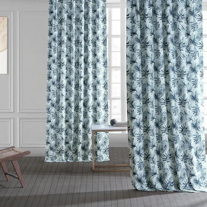 Artemis Blue Floral Printed Cotton Room Darkening Curtain
