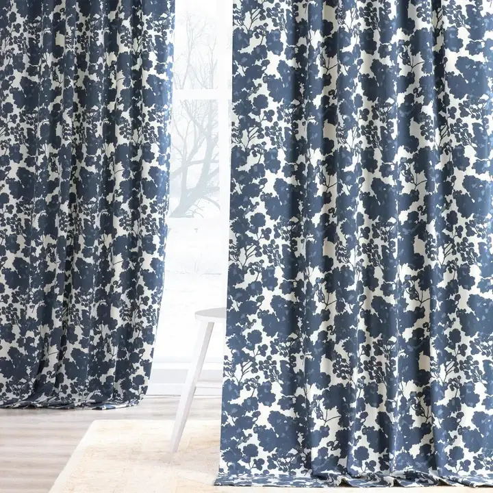 Fleur Blue Floral Printed Cotton Room Darkening Curtain