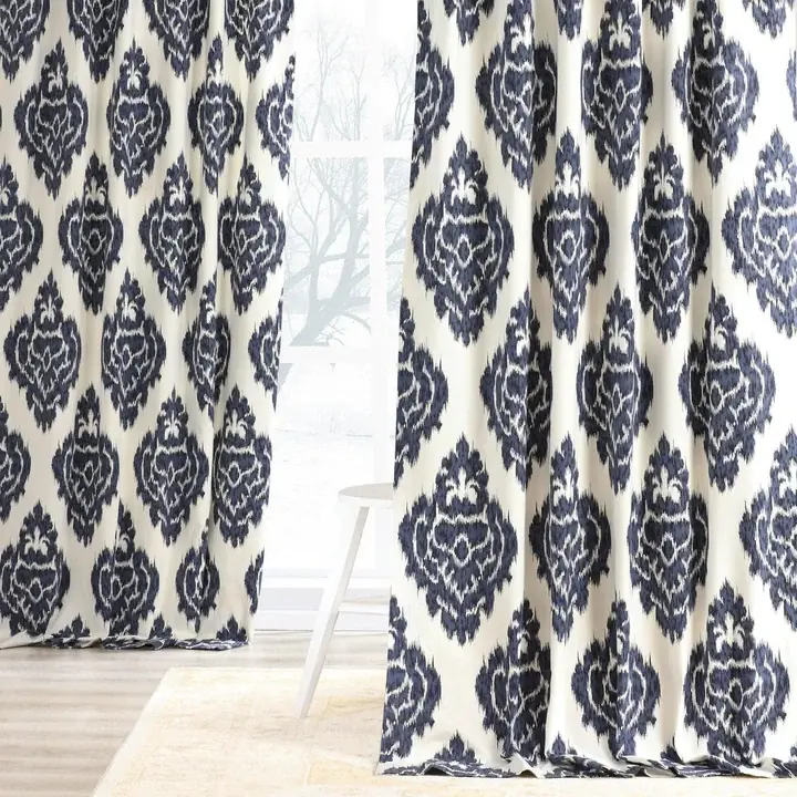 Ikat Blue Damask Printed Cotton Room Darkening Curtain