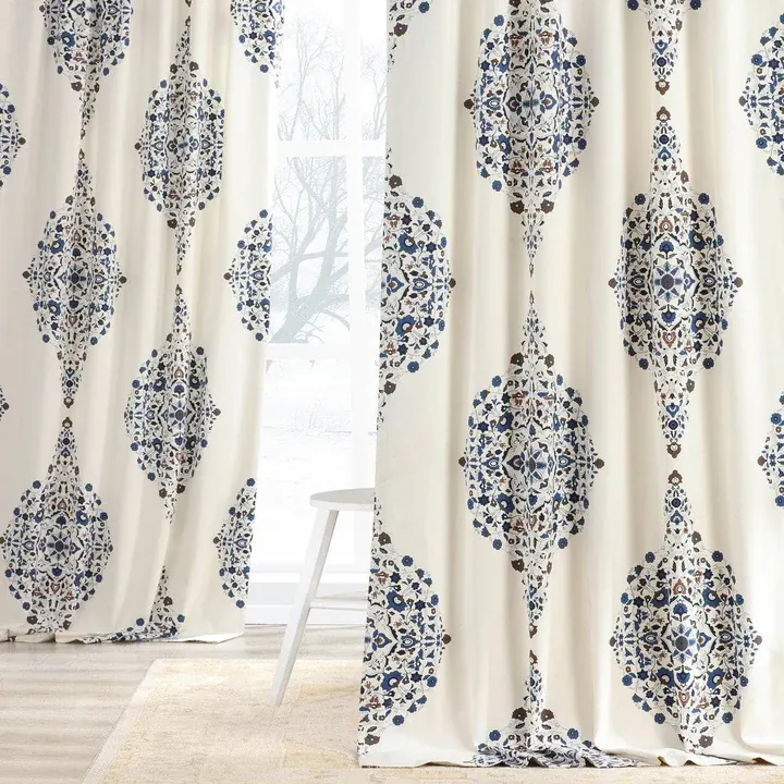 Kerala Blue Emblem Printed Cotton Room Darkening Curtain