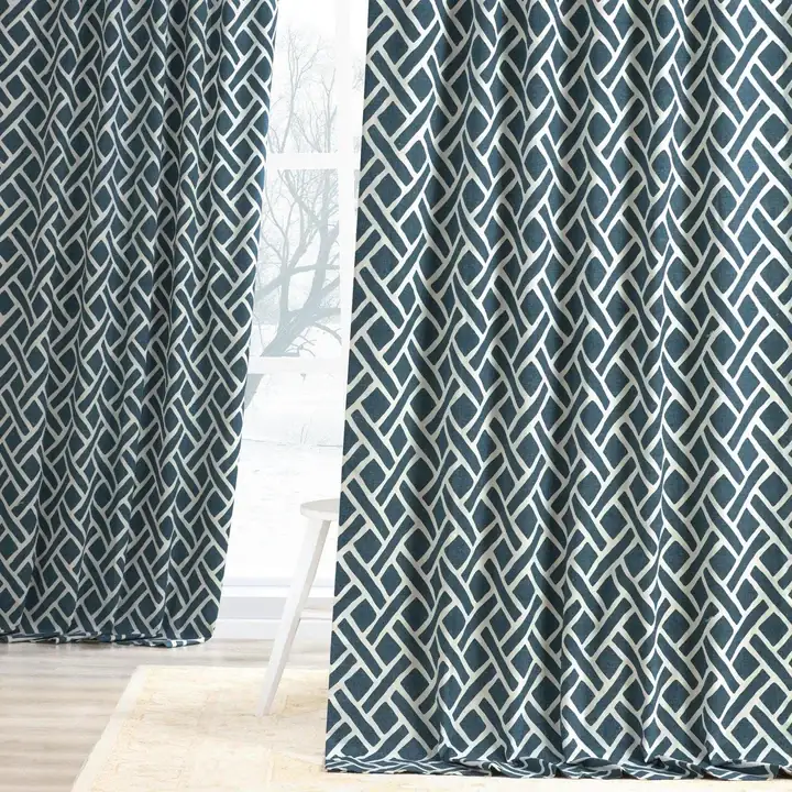 Martinique Blue Geometric Printed Cotton Room Darkening Curtain