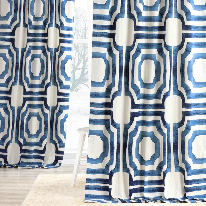 Mecca Blue Geometric Printed Cotton Room Darkening Curtain