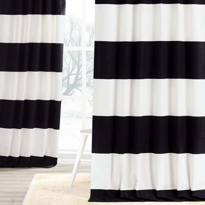 Onyx Black & Off White Horizontal Striped Printed Cotton Room Darkening Curtain