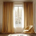 silk finish room blackout curtains in a golden-bronze hue, paired with sheer white panels to frame a large window.