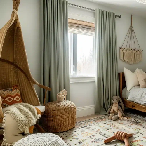 A cozy and bohemian-inspired nursery featuring sage green playrooms blackout curtains hung on a dark metal rod.