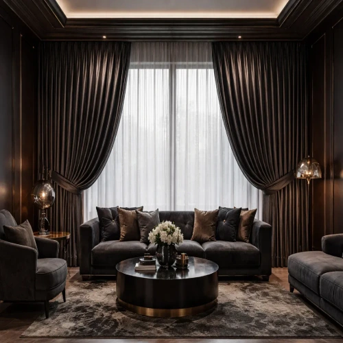 A sophisticated living room featuring American Style Premium Blackout curtains in a deep espresso or charcoal satin finish.