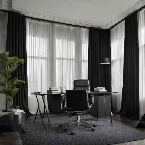 A sophisticated, monochromatic workspace featuring floor-to-ceiling windows dressed in dramatic home office blackout curtains in charcoal black.