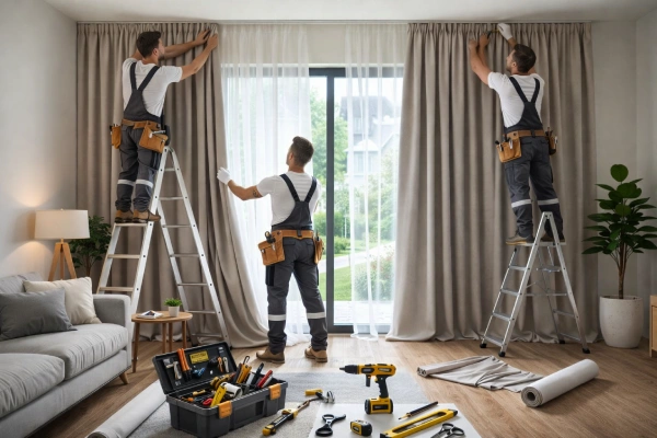 Professional blackout curtain installers fitting floor-to-ceiling blackout curtains and sheer drapes on a large living room window using ladders and tools.