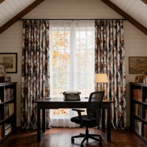 A cozy home office in an attic with floral blackout curtains in shades of plum and gold framing a large window