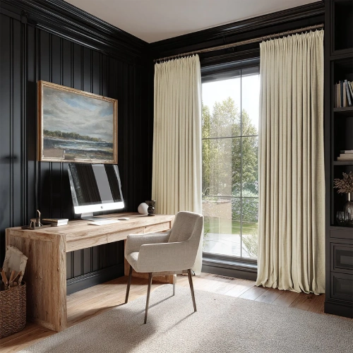 A modern home office featuring floor-to-ceiling cream blackout curtains framing a large window with a garden view.