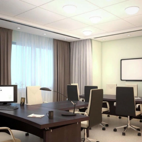 A professional modern office featuring ceiling-mount blackout home office curtains in a neutral mocha brown.