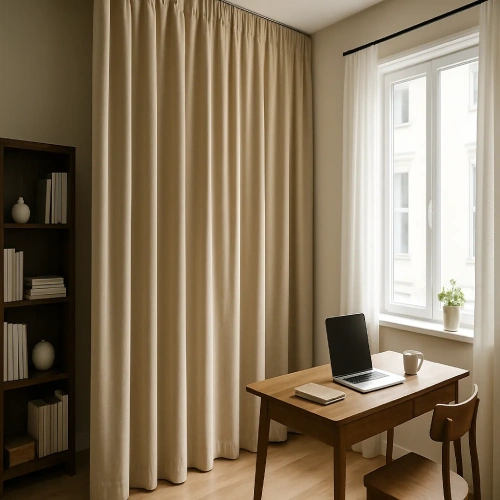 A serene, minimalist workspace featuring noise-reducing blackout home office curtains in a heavy cream fabric.