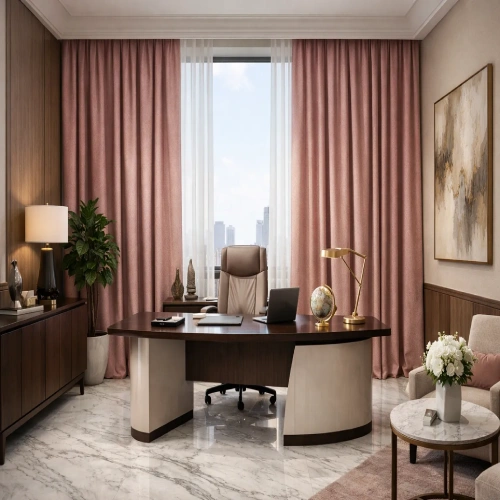 An elegant executive workspace featuring Tab Top Blackout home office curtains in a soft dusty rose