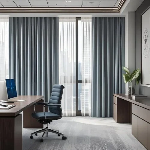 Contemporary workspace featuring floor-to-ceiling Microfiber Blackout home office curtains in a soft slate blue.