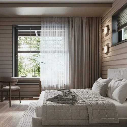 Layered window treatments, including sheer white panels and heavy, floor-to-ceiling bedroom blackout curtains in a soft taupe.