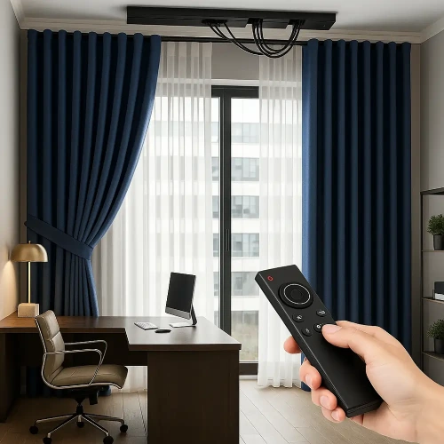 Navy blue motorized blackout curtains and white sheer under-curtains.