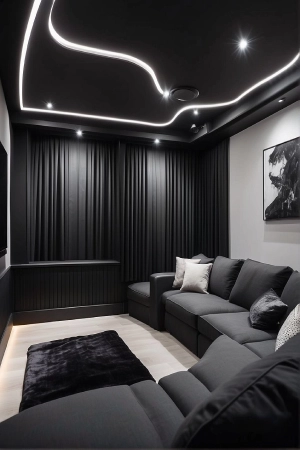 A minimalist, ultra-modern cinema room showcasing sleek black home theater blackout curtains that provide a seamless wall-to-wall finish.