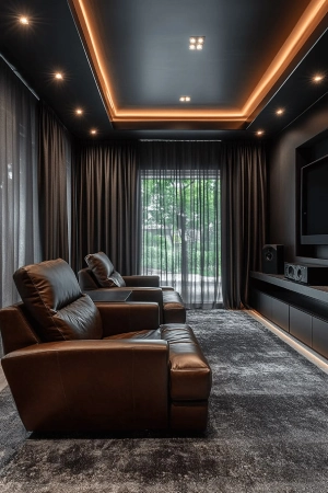 A sophisticated media room featuring dark charcoal home theater blackout curtains paired with sheer inner layers
