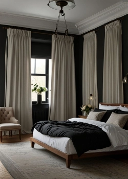 Cream-colored bedroom blackout curtains Dubai hung on dark walls, featuring a floor-to-ceiling pinch pleat design in a modern luxury bedroom.