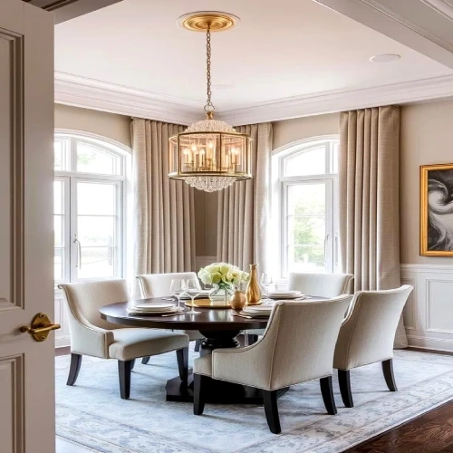 Elegant round wooden table with cream-colored upholstered chairs featuring dining area blackout curtains in a neutral beige linen fabric, styled with a gold crystal chandelier.