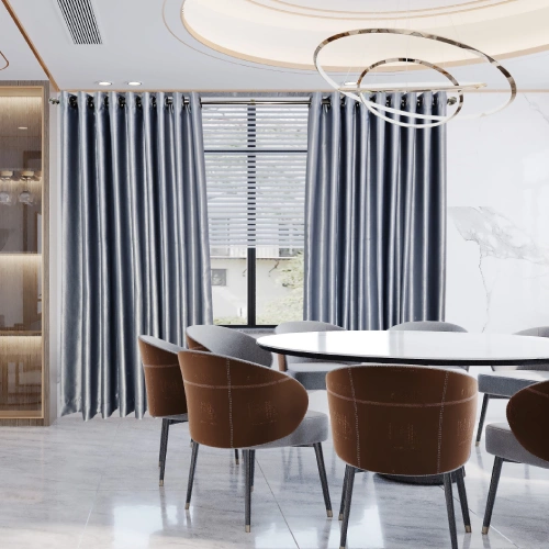 elegant grey dining area blackout curtains installed on a silver grommet rod over white window blinds.