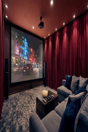 home theater blackout curtains, a large projector screen, and a plush grey velvet sectional sofa on patterned carpet. SEO Best Practices Applied_