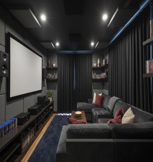 home theater featuring floor-to-ceiling blackout curtains in a deep charcoal fabric that provides total light control for an immersive cinematic experience.